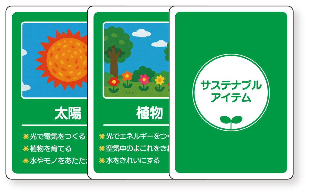 サステナブルなまちづくり教材「サスネタ！」のカード例：サステナブルアイテム（太陽光・植物など、環境に役立つ要素を街に取り入れる発想カード）