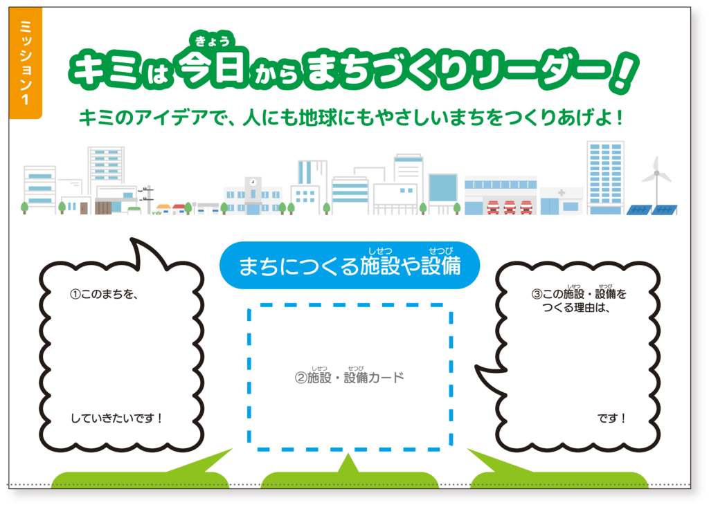 サステナブルなまちづくり教材「サスネタ！」のワークシート例：まちに作る施設・設備カードを貼って、理由やアイデアを書き出すテンプレート