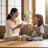 リビングで楽しそうに会話する母親と子ども。親子の対話が生まれる家庭の学びの瞬間