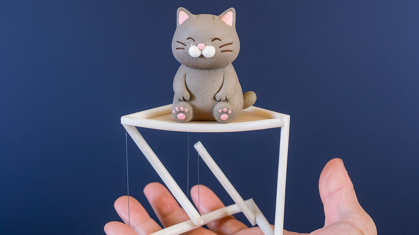 テンセグリティ構造で作られた浮いて見える台座に猫の人形をのせた自由研究作品。バランスの不思議を体験。