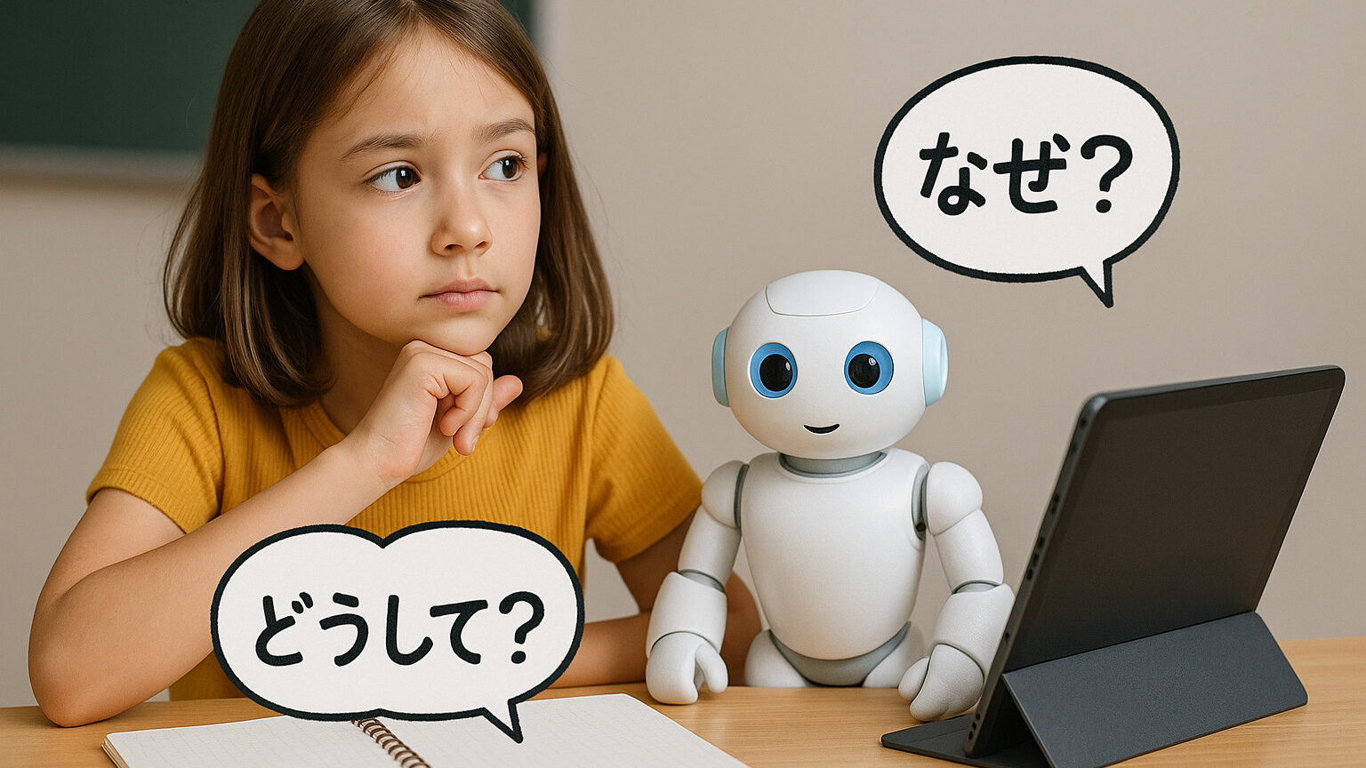 ノートに「どうして?」と書き込む子どもと、タブレットやロボットと学ぶ未来の教育風景