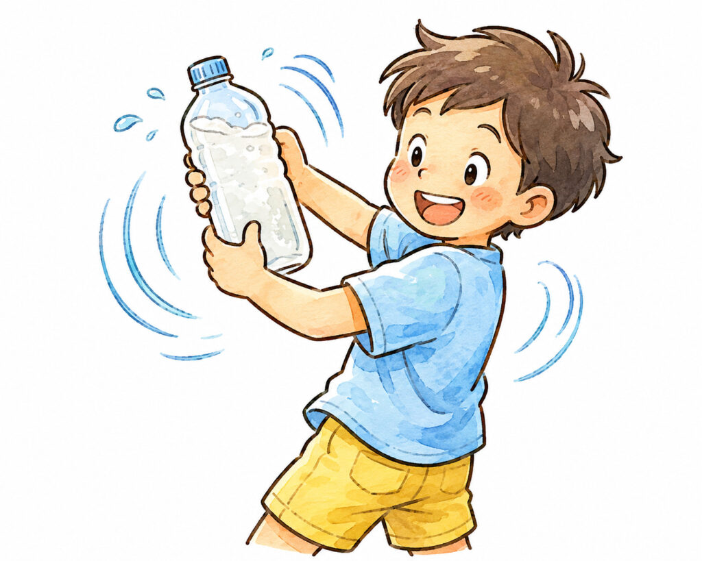 ペットボトルを振ってアルギン酸ナトリウムを水に溶かす男の子のイラスト