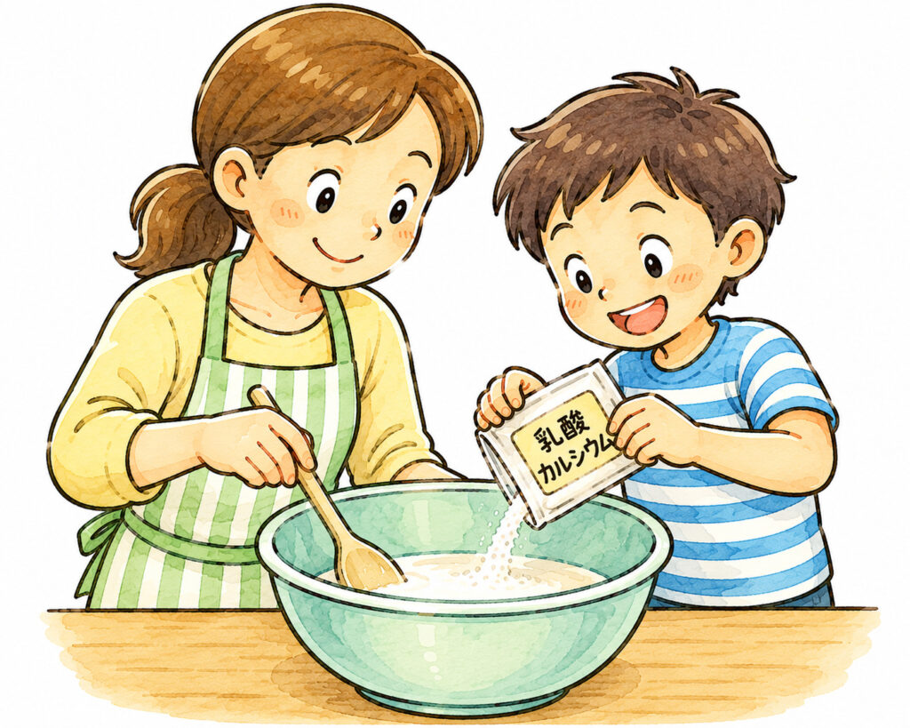 お母さんと一緒にボウルに入った乳酸カルシウムと水を混ぜてカルシウム水を作る親子のイラスト