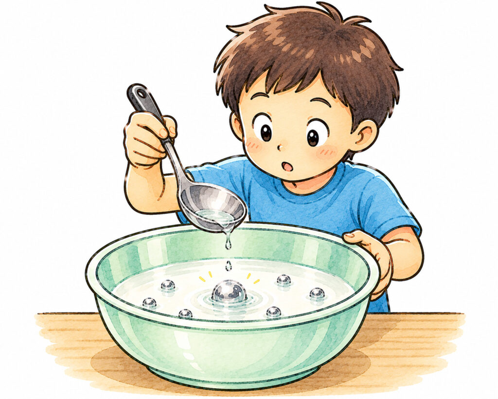 掴める水を作るために、アルギン酸ナトリウムの液をカルシウム水の中にスプーンでそっと落とすイラスト